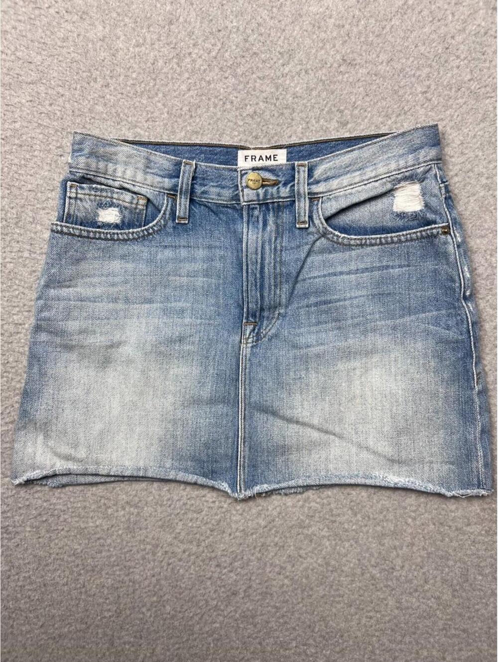 Frame Denim Le Mini Skirt Light Wash Distressed Raw Hem Jean Festival Casual 26
